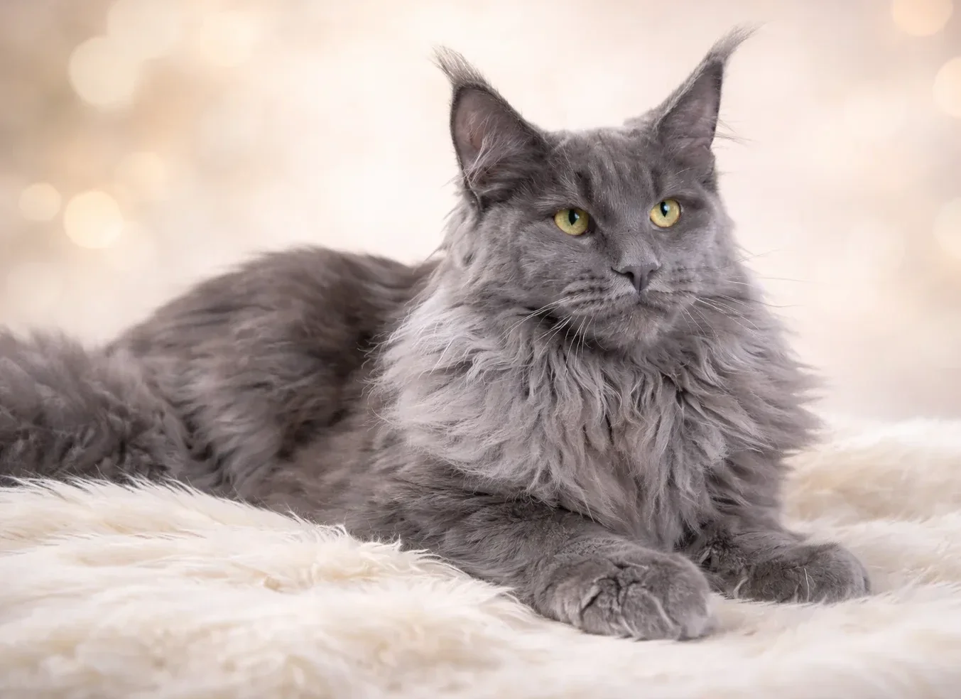 Yattığı yerden sağ tarafa bakan bir maine coon kedisi
