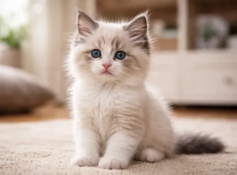 Ev ortamında oturduğu yerden kameraya bakan bir Ragdoll kedisi yavrusu