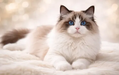 Yattığı yerden kameraya bakan bir Ragdoll kedisi