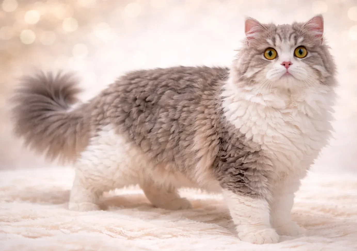 Ayakta kameraya bakan bir selkirk rex kedisi