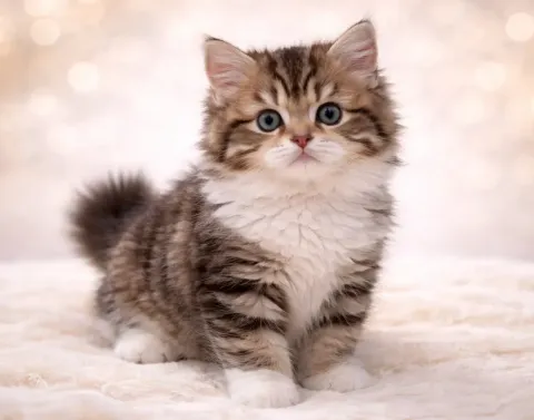 Oturduğu yerden kameraya bakan bir american bobtail yavrusu