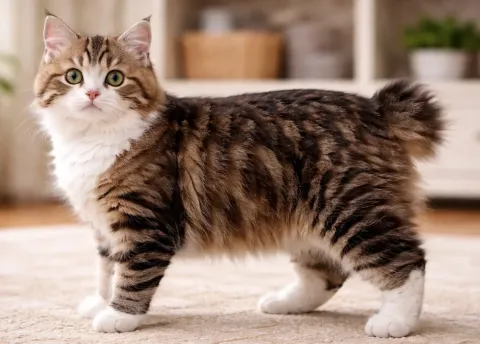 Ev ortamında ayakta kameraya bakan bir american bobtail