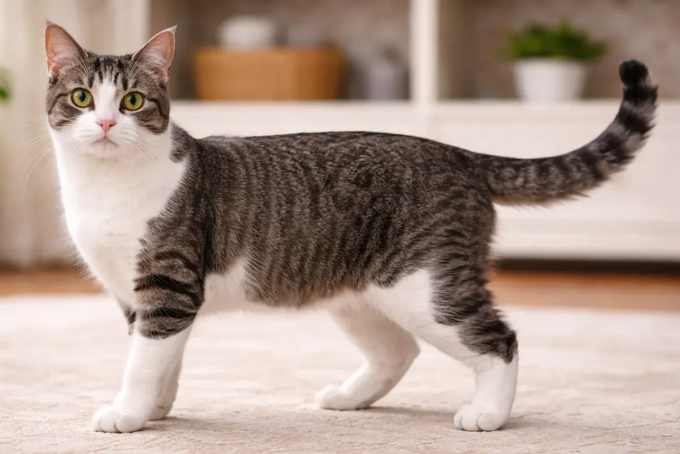 Ev ortamında ayakta duran ve kameraya bakan bir brazilian shorthair kedisi