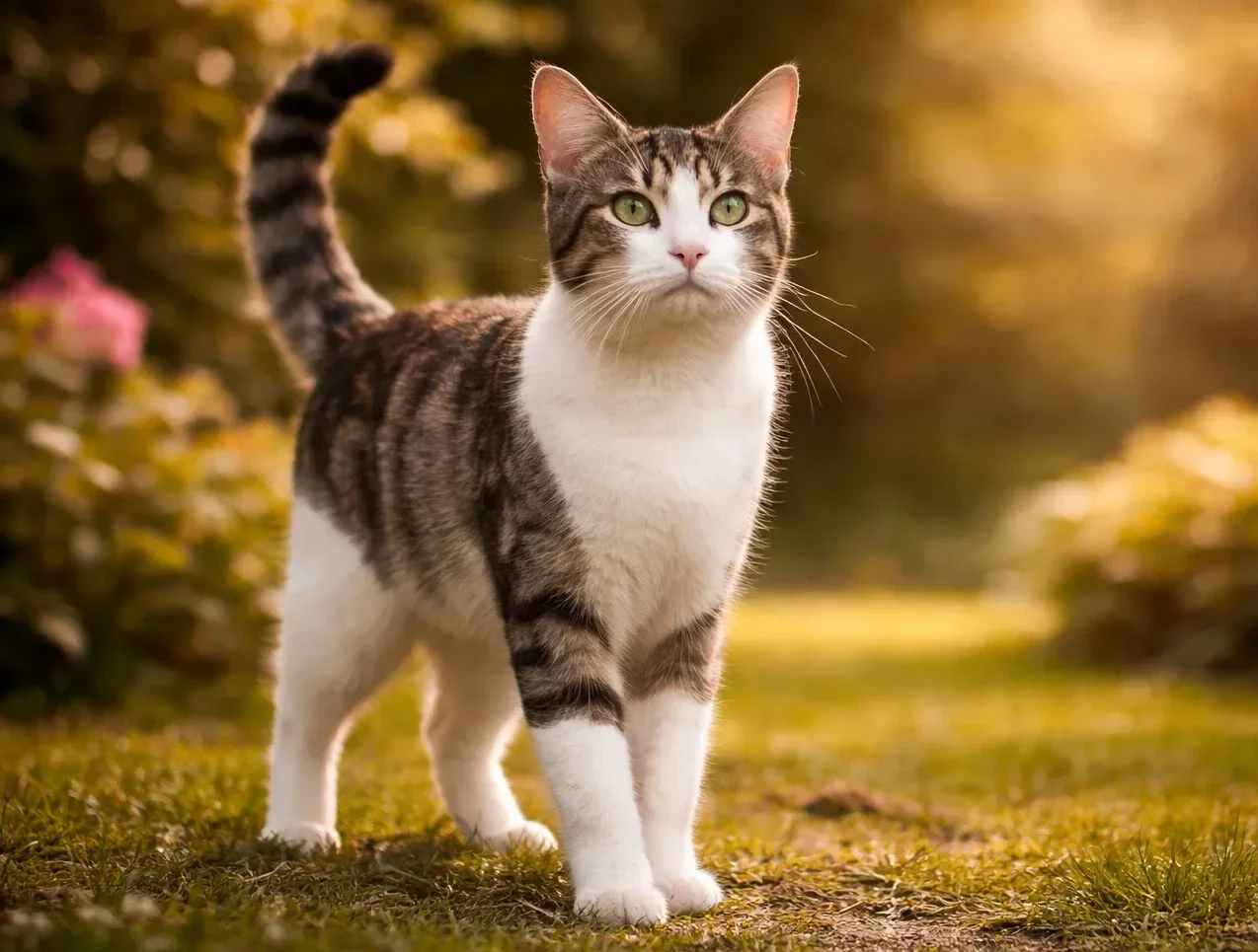 Bah&ccedil;ede ayakta duran ve yukarı bakan bir brazilian shorthair