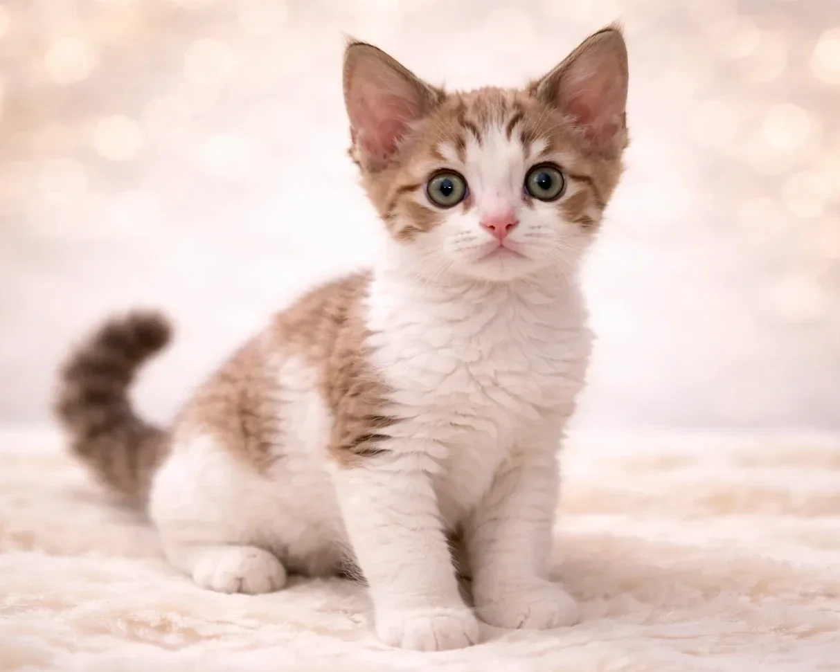 Oturduğu yerden kameraya bakan bir devon rex yavrusu