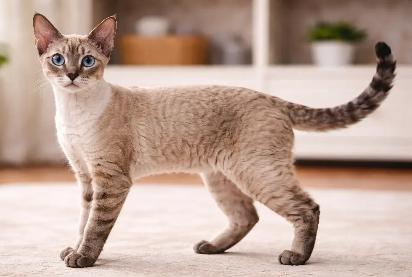 Ev ortamında ayakta duran ve kameraya bakan bir devon rex kedisi