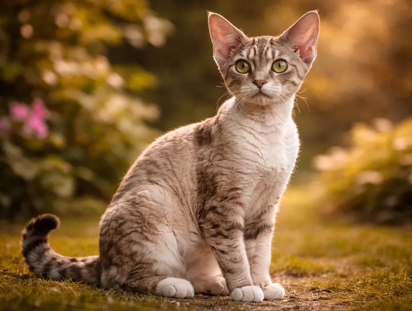 Bah&ccedil;ede oturduğu yerden kameraya bakan bir devon rex