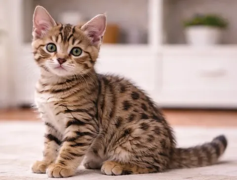 Ev ortamında oturduğu yerden kameraya bakan bir Ocicat yavrusu