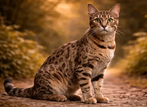 Doğada oturduğu yerden kameraya bakan bir Ocicat kedisi