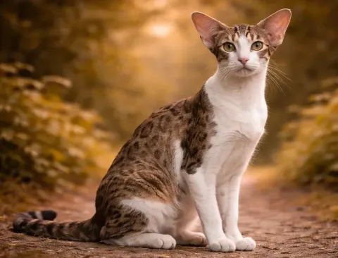 Doğada oturduğu yerden kameraya bakan bir oriental shorthair kedisi