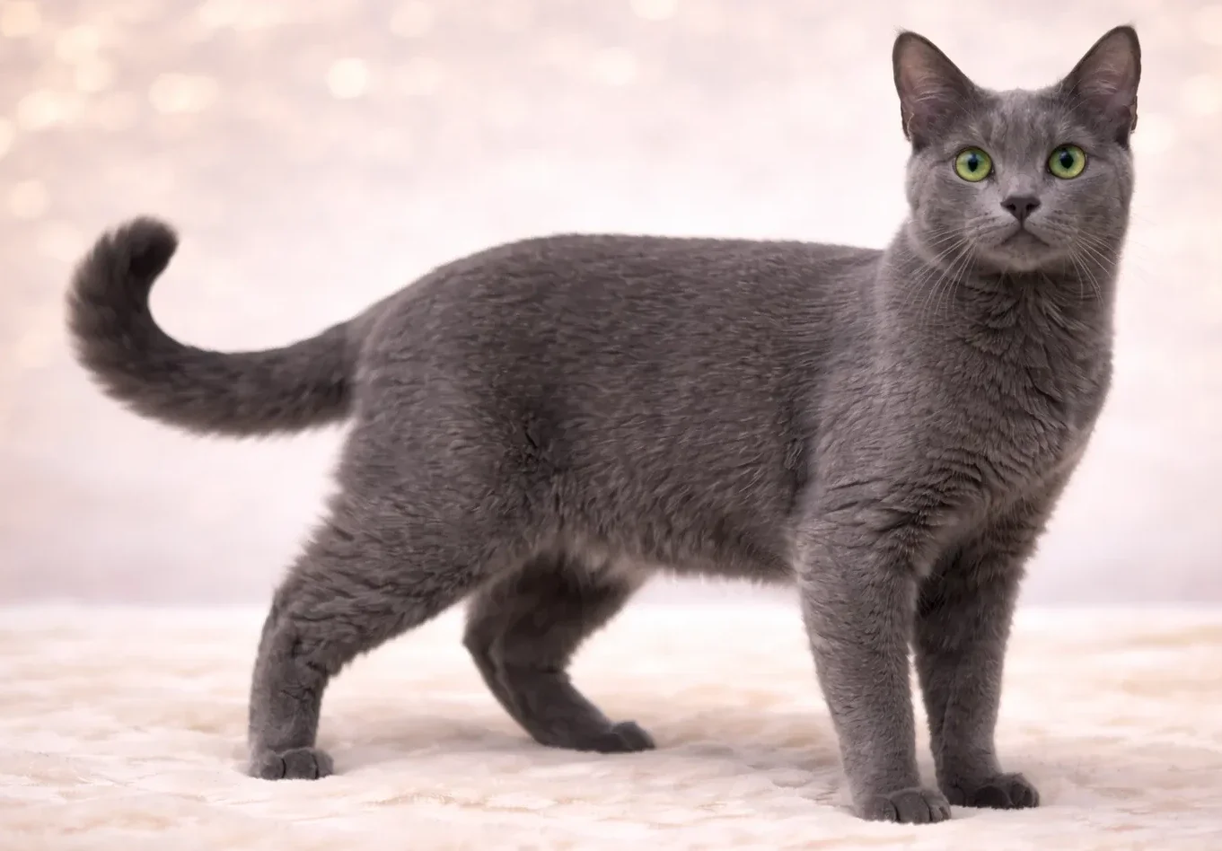 Ayakta kameraya bakan bir russian blue kedi