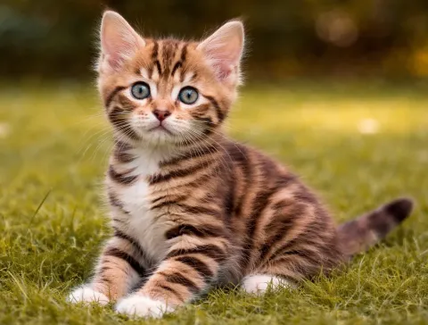 Çimlerde oturan ve kameraya bakan bir Toyger yavrusu