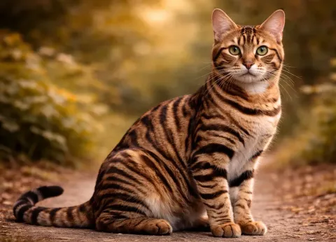 Patikada oturan ve kameraya bakan bir Toyger kedisi