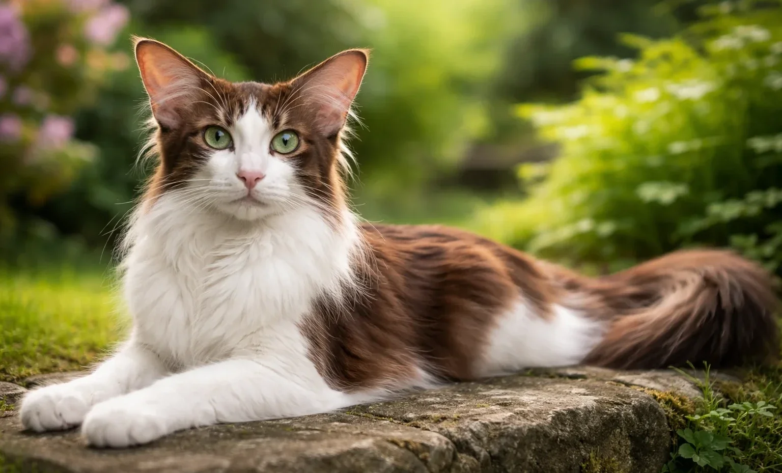 Bah&ccedil;ede yattığı yerden kameraya bakan bir oriental longhair kedisi