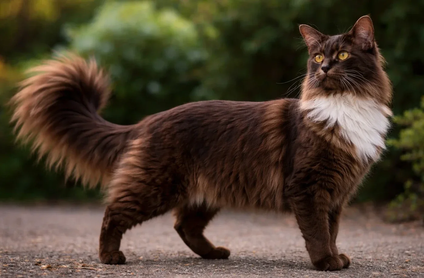 Bahçede ayakta duran ve ağaçlara bakan bir tiffany (chantilly) kedisi