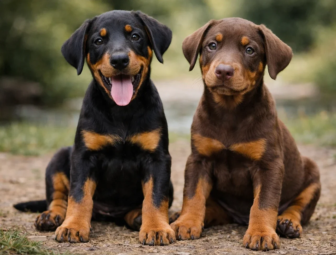 Doğada oturduğu yerden kameraya bakan kızıl ve siyah-kahverengi renk doberman yavruları