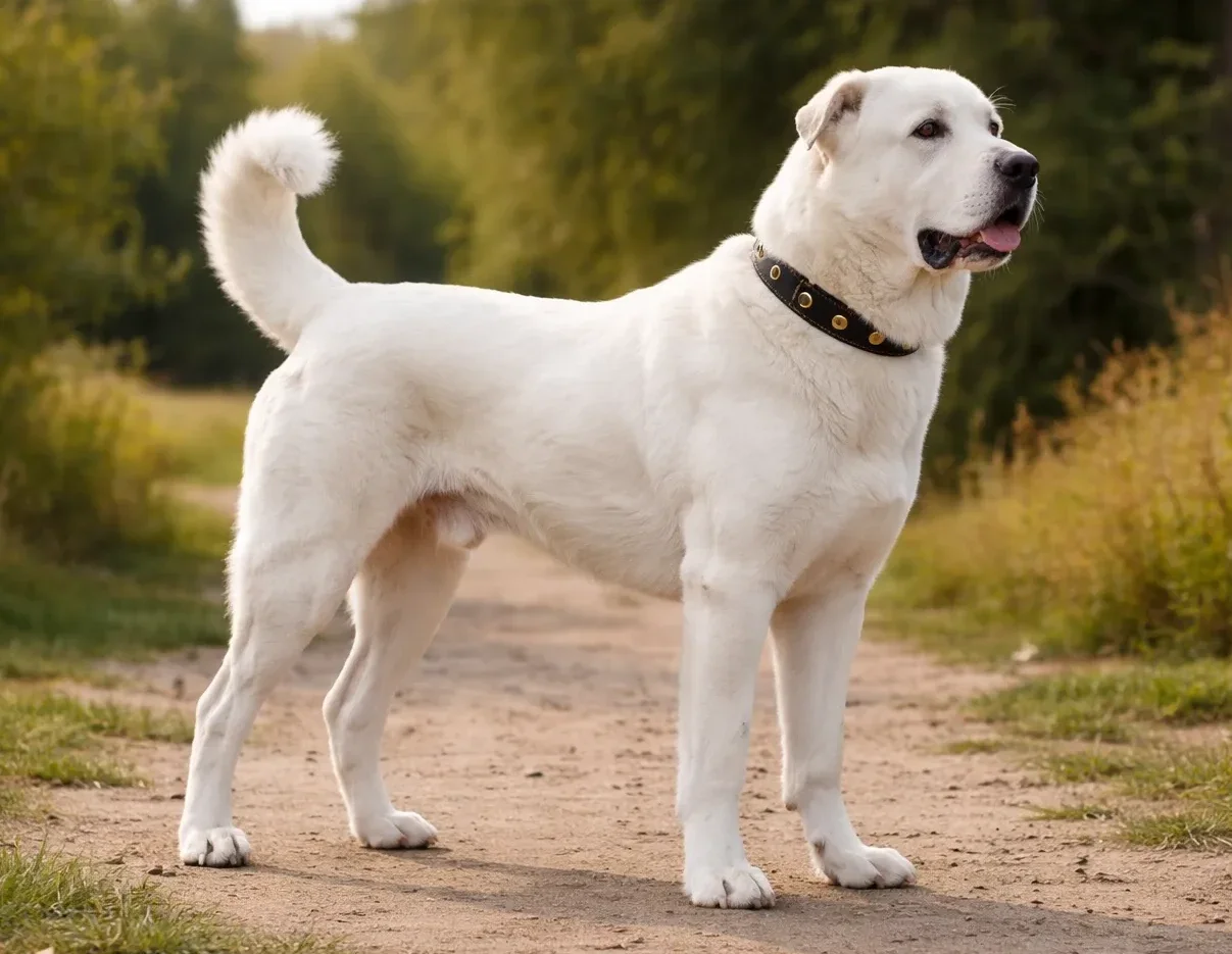 Patikada ayakta duran ve sağ tarafa bakan bir Alabay (Alabai) k&ouml;pek