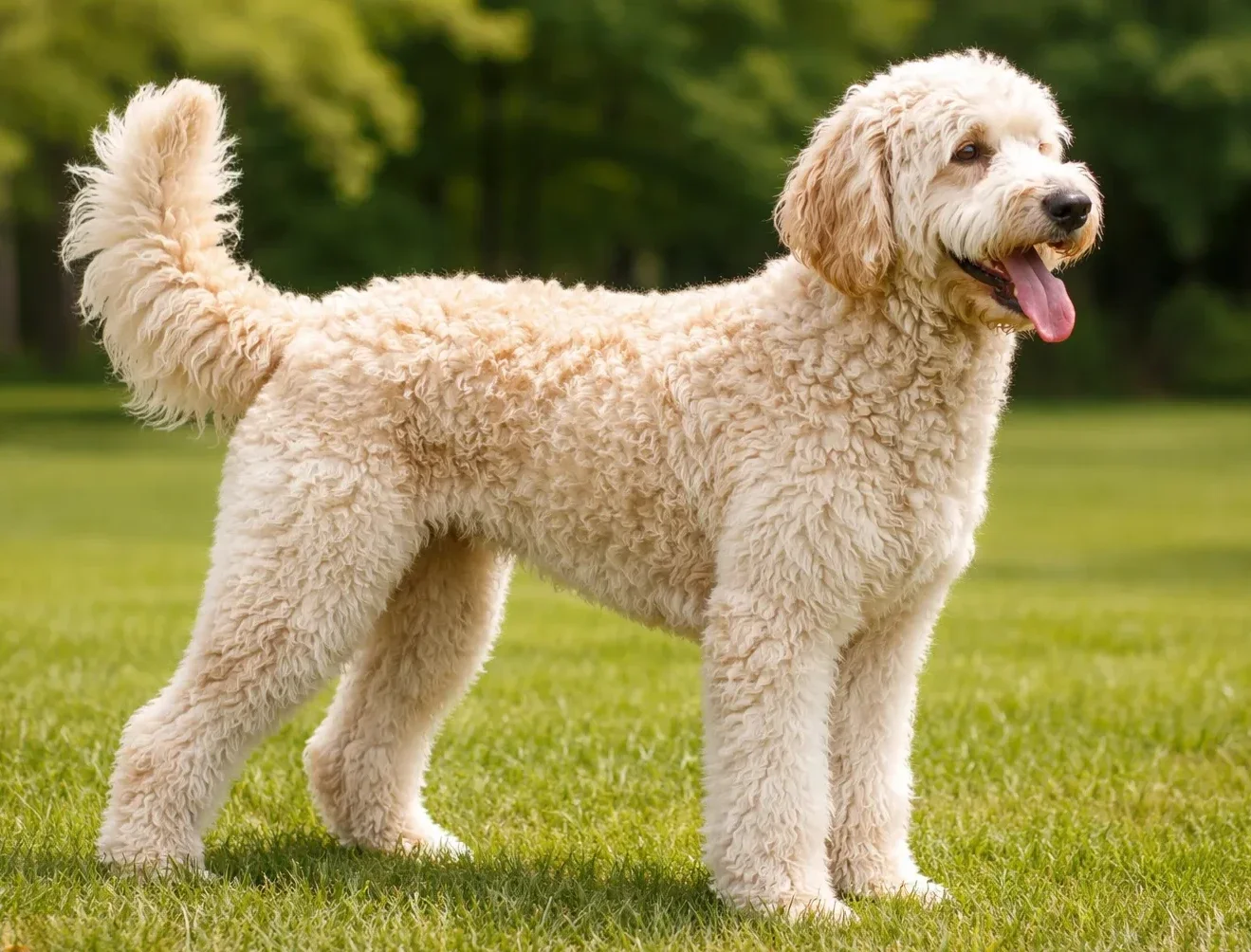 &Ccedil;imlerde ayakta sağa doğru bakan bir labradoodle