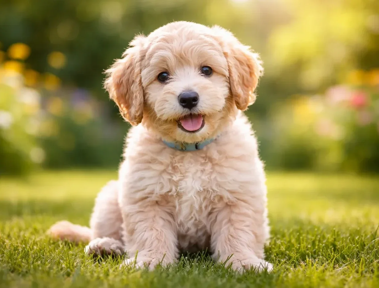 Bah&ccedil;ede oturarak kameraya bakan bir labradoodle yavrusu