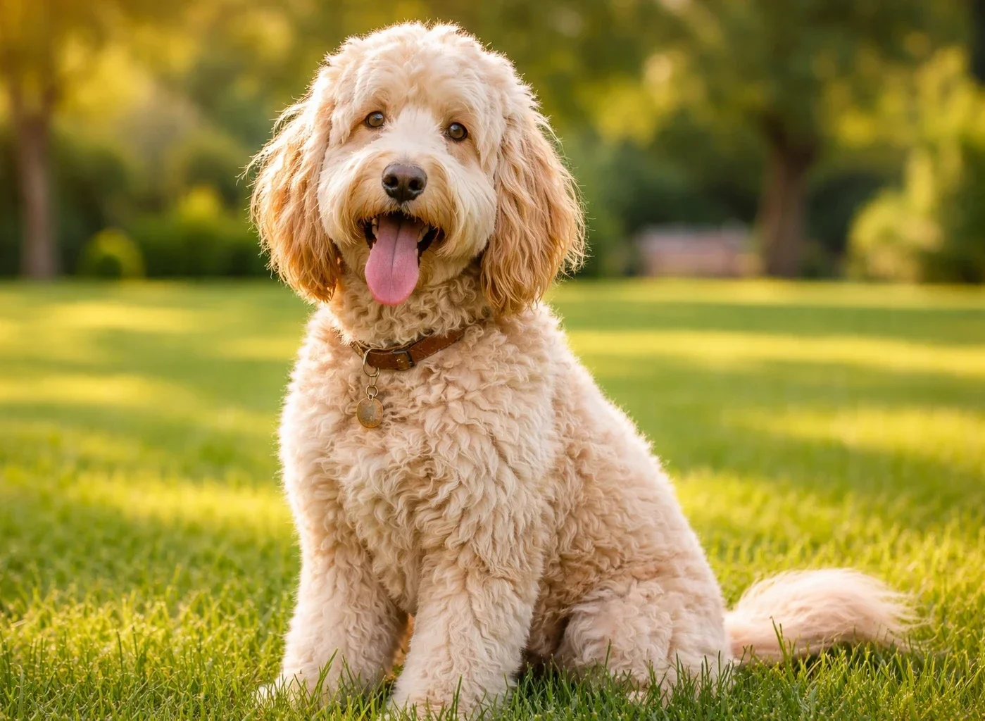 &Ccedil;imlerde oturarak kameraya bakan bir labradoodle k&ouml;pek