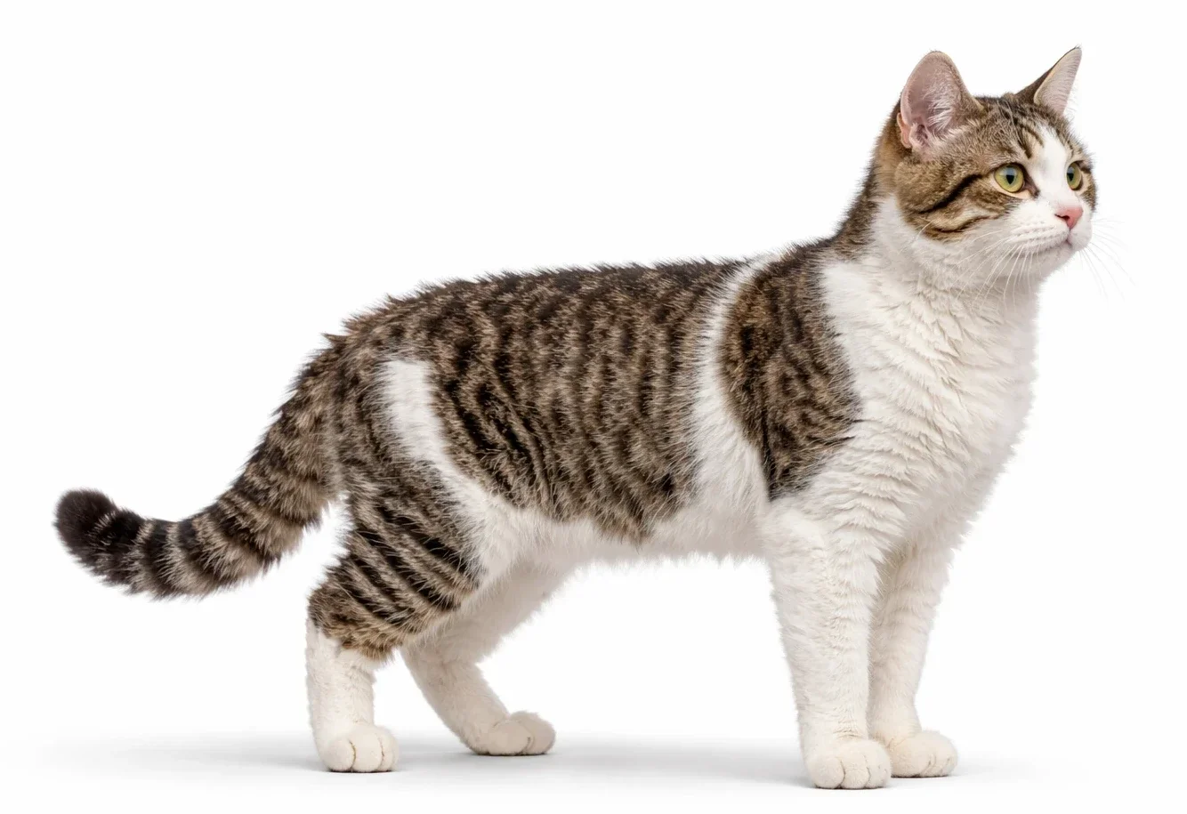 Ayakta sağ tarafa bakan bir amerikan wirehair kedisi